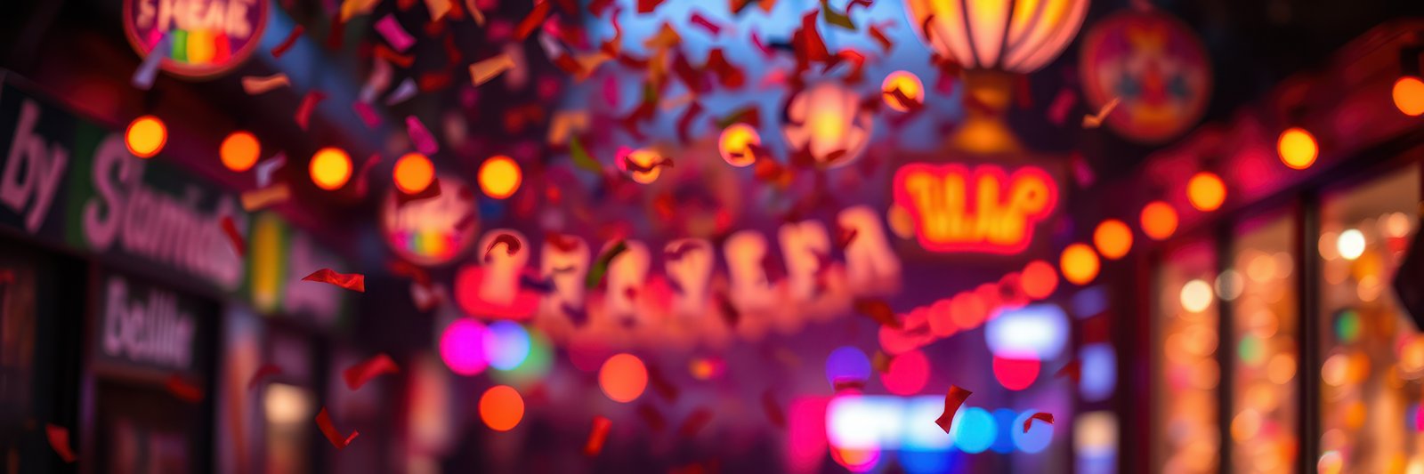 Colorful decorations and lights adorn a lively street during a festive celebration at night
